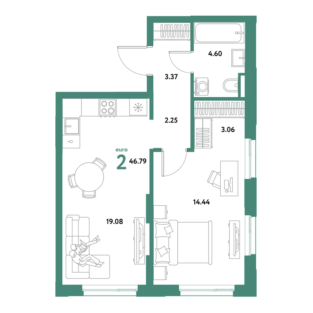 Планировка: Остров-сад 2-комнатная 46,79м²