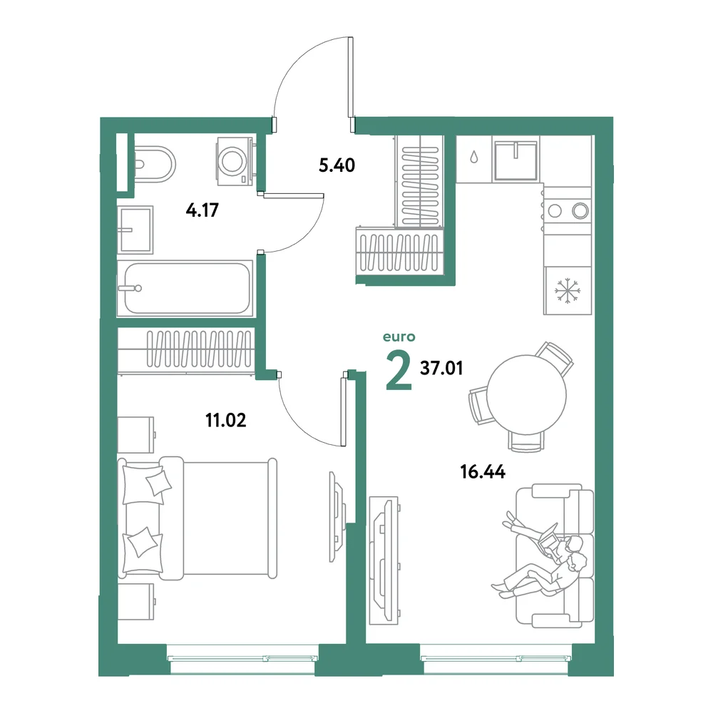 Планировка: Остров-сад 2-комнатная 37,01м²