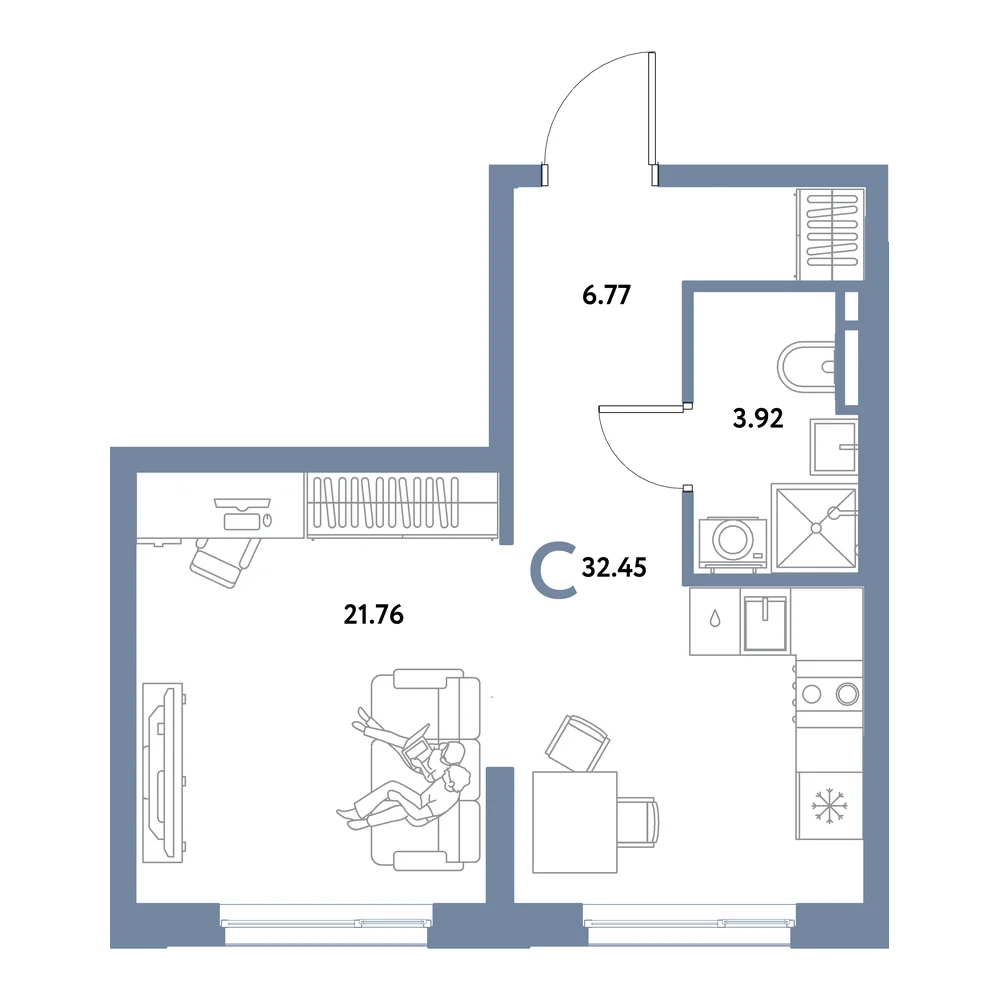 Планировка: Остров-сад Студия 32,45м²