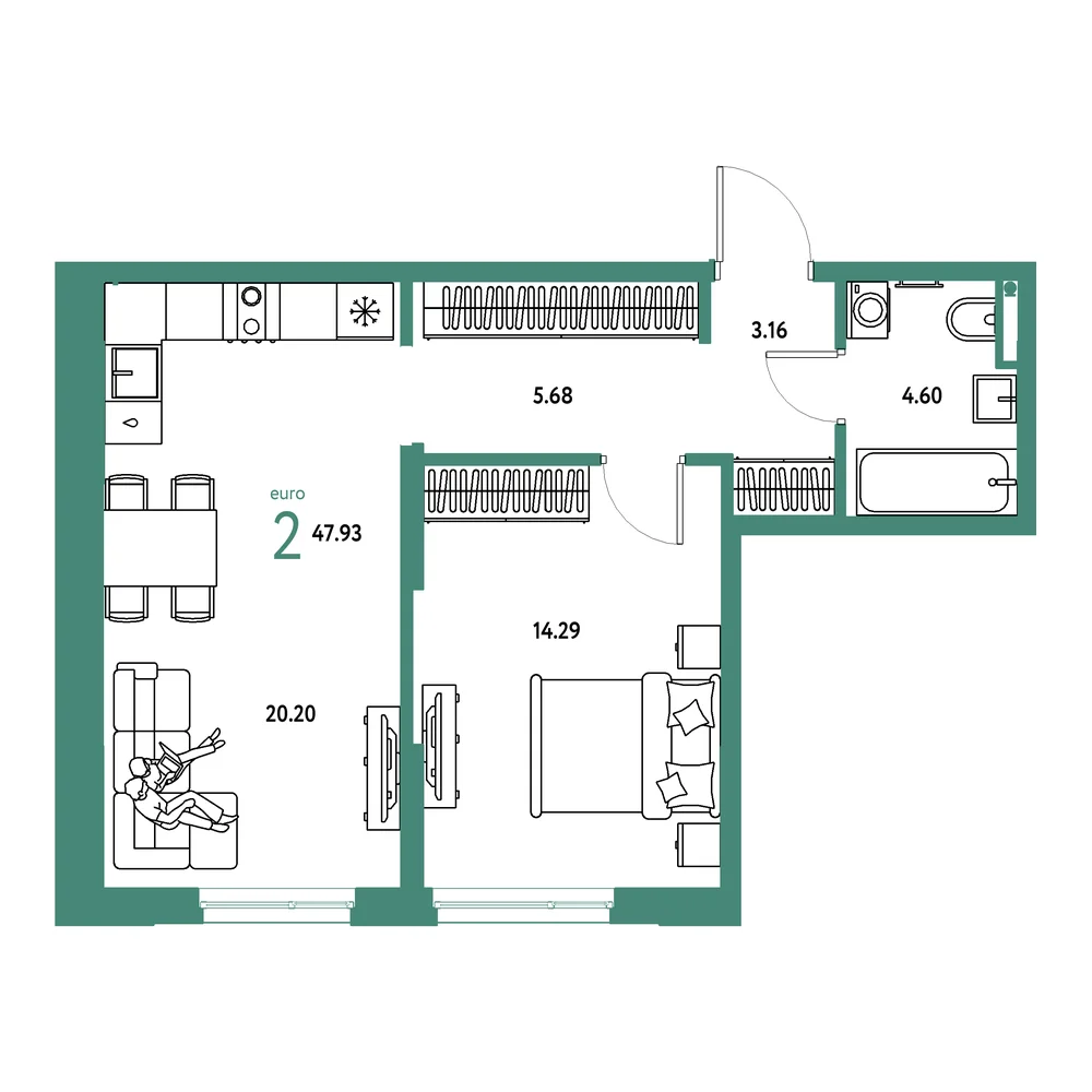 Планировка: Остров-сад 2-комнатная 47,93м²