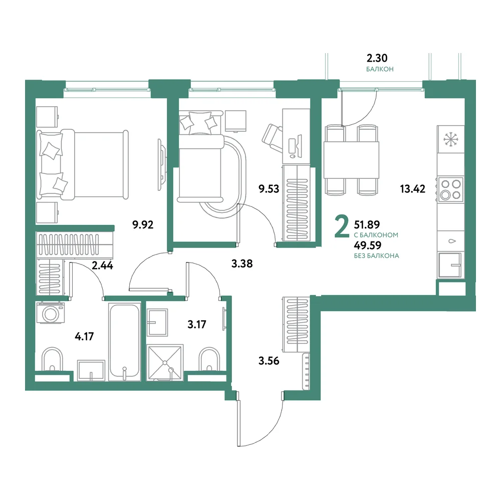 Планировка: Остров-сад 2-комнатная 51,89м²