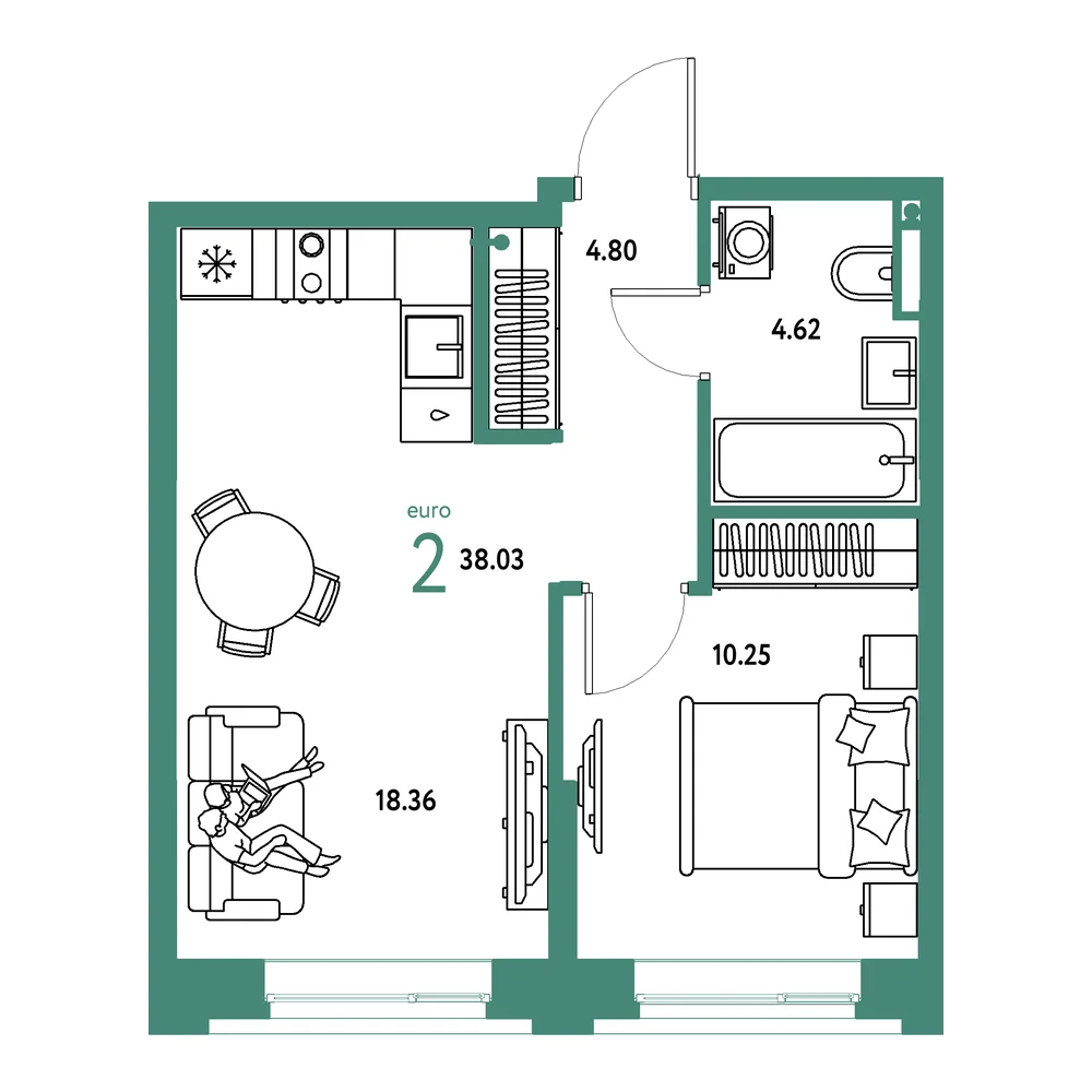 Планировка: Остров-сад 2-комнатная 38,03м²