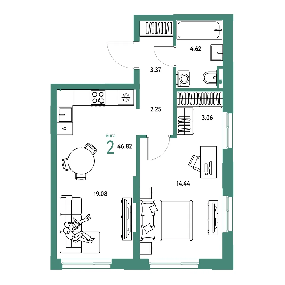 Планировка: Остров-сад 2-комнатная 46,82м²
