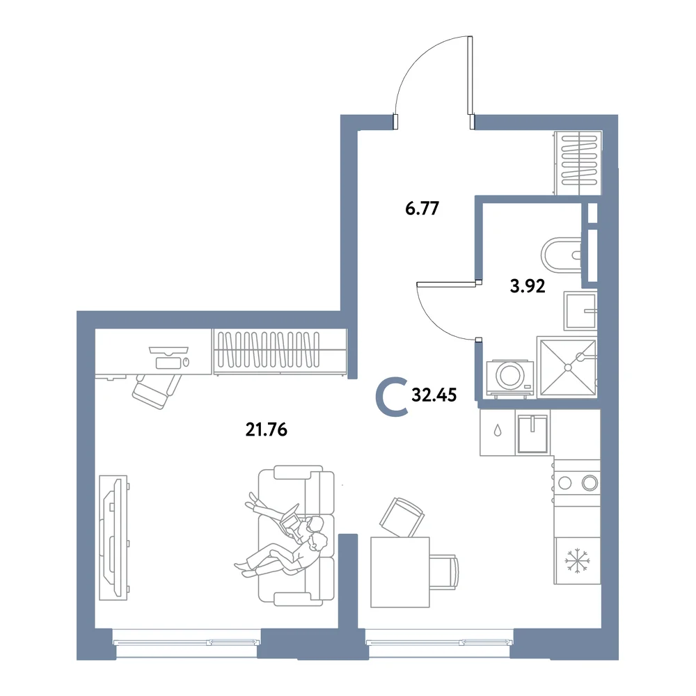 Планировка: Остров-сад Студия 32,45м²