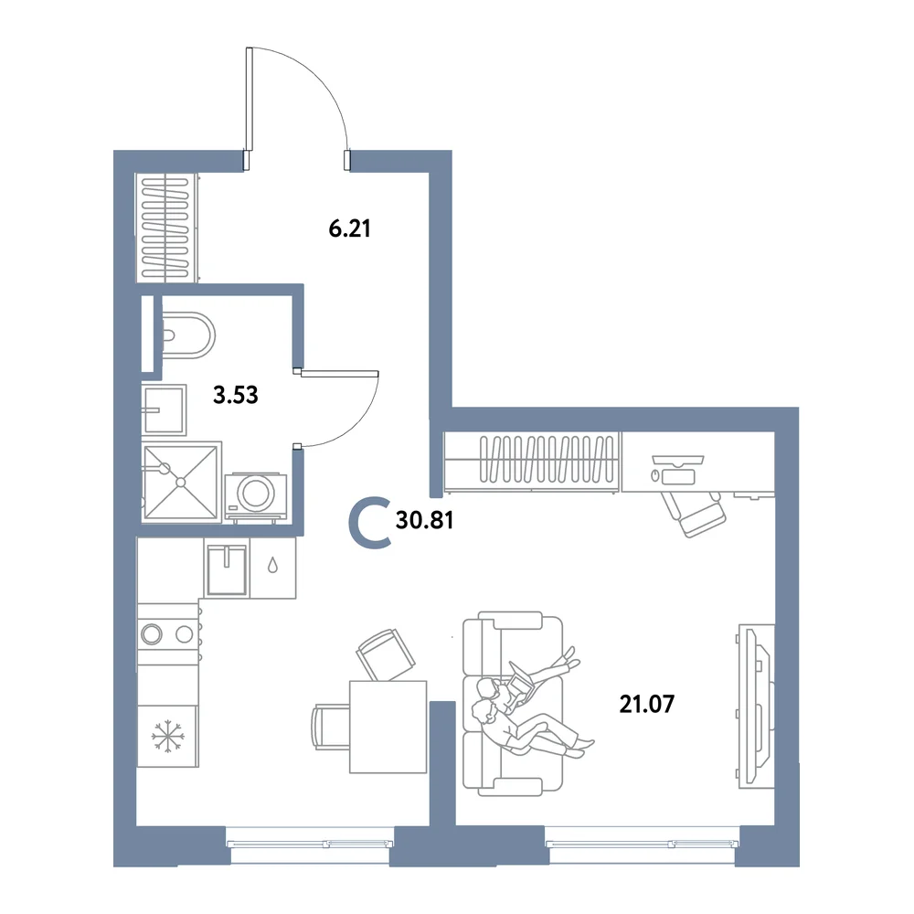Планировка: Остров-сад Студия 30,81м²