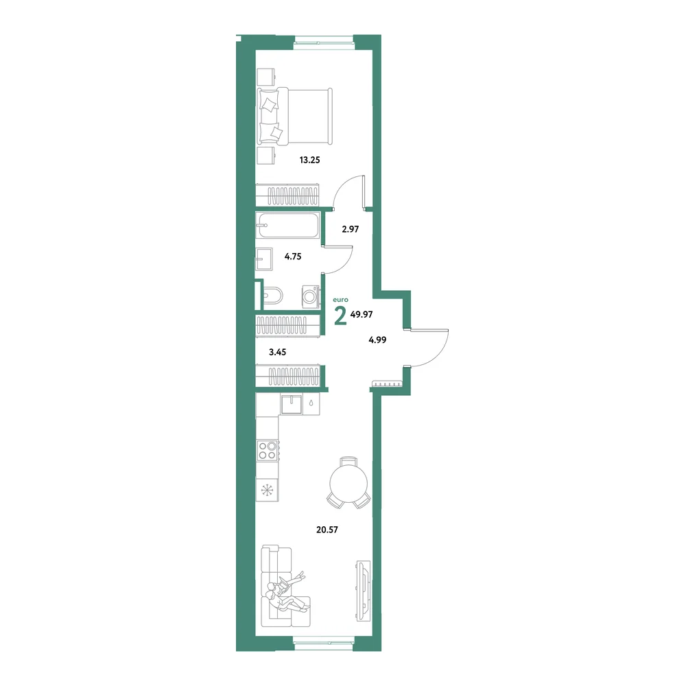 Планировка: Остров-сад 2-комнатная 49,97м²