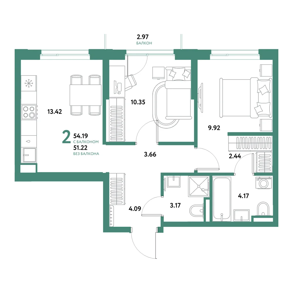 Планировка: Остров-сад 2-комнатная 54,19м²