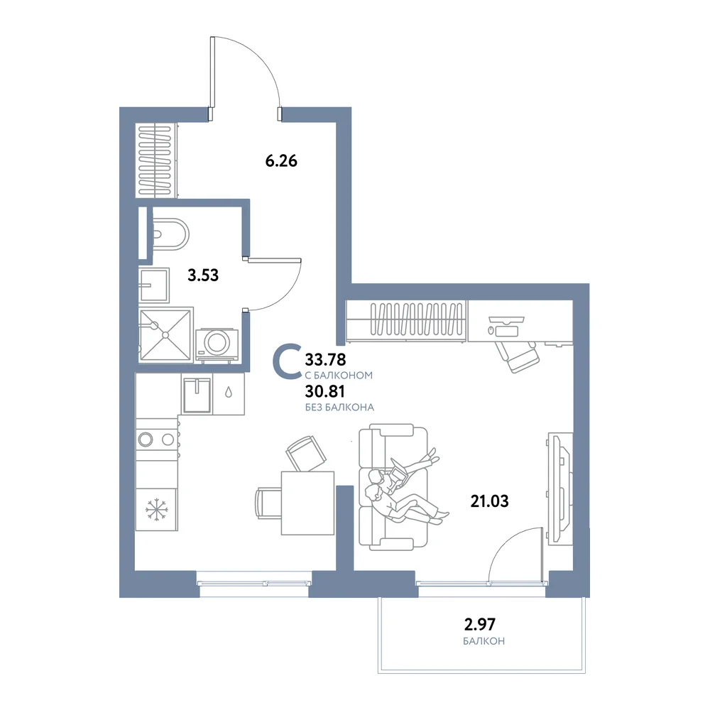 Планировка: Остров-сад Студия 33,78м²