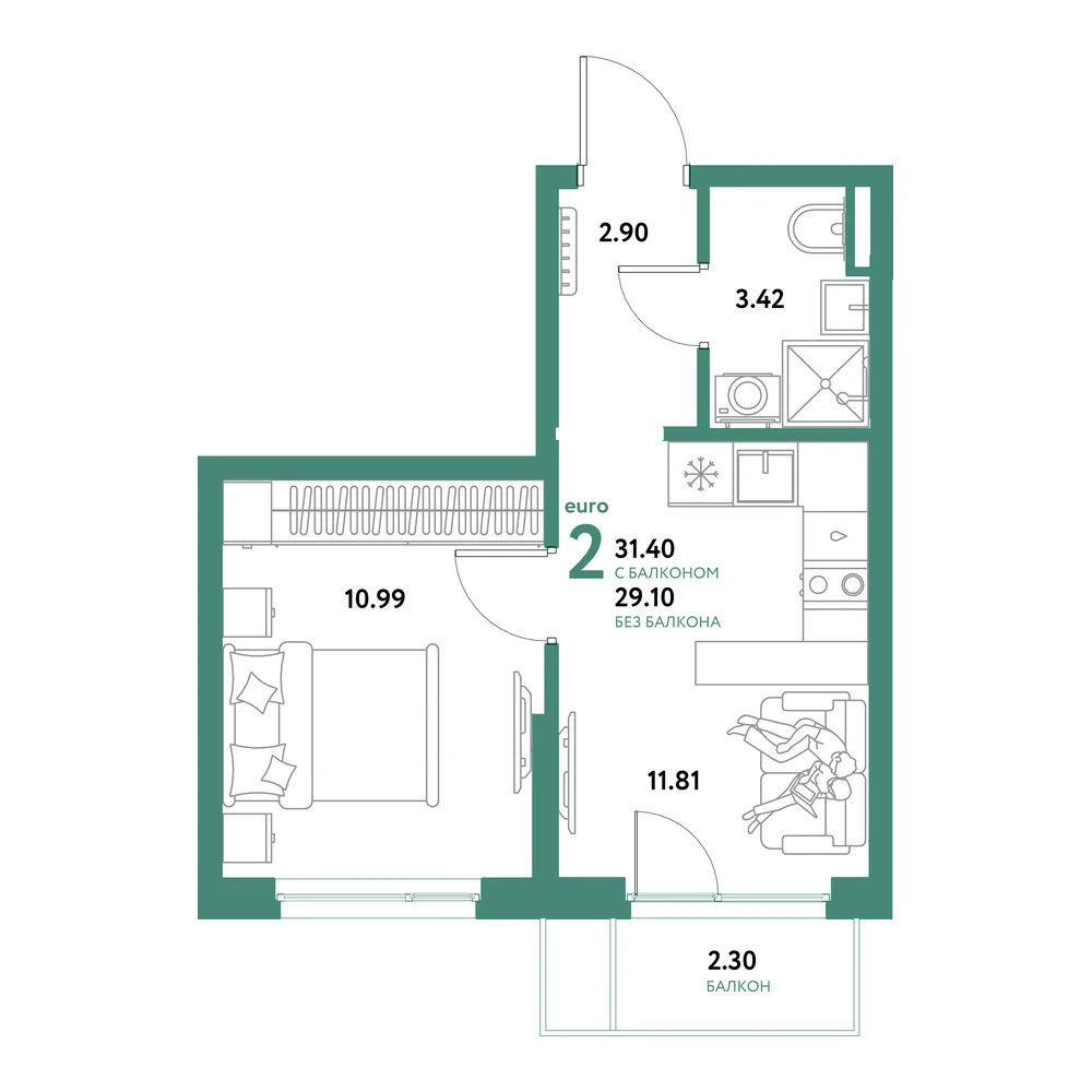 Планировка: Остров-сад 2-комнатная 31,40м²