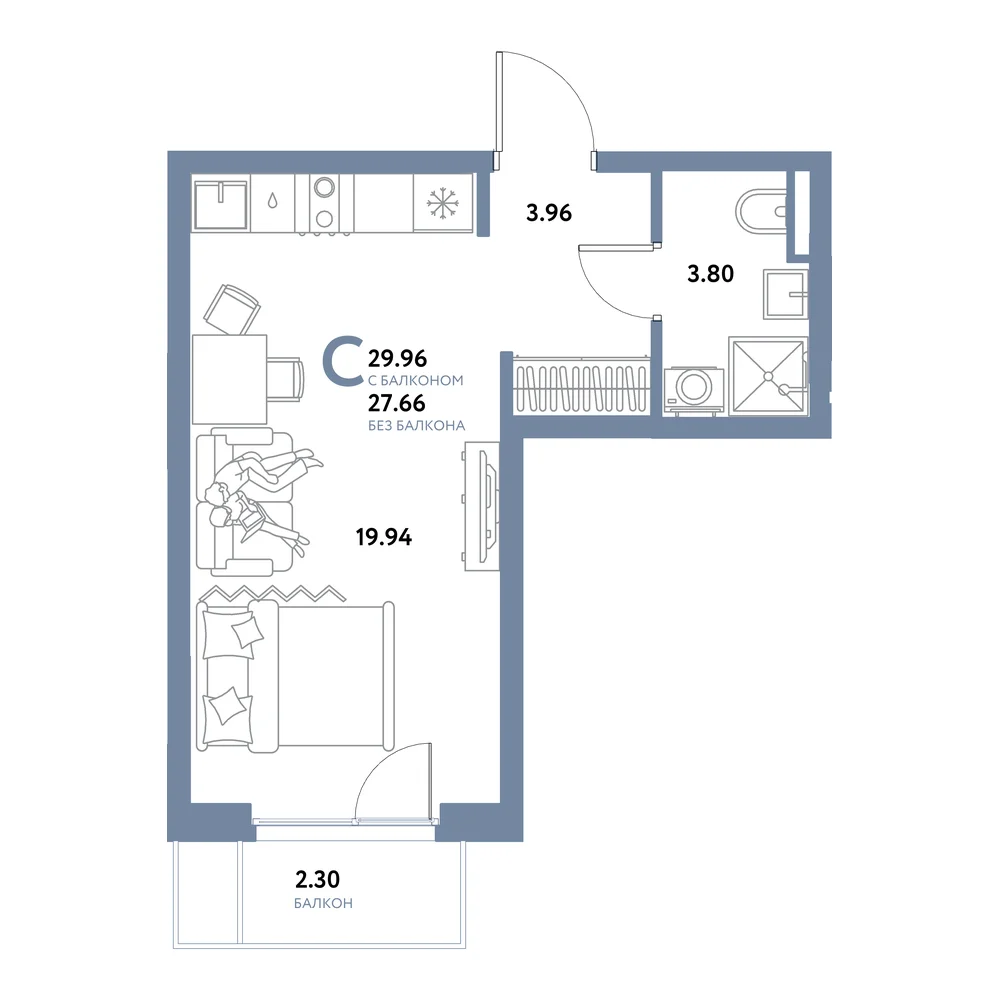 Планировка: Остров-сад Студия 29,96м²