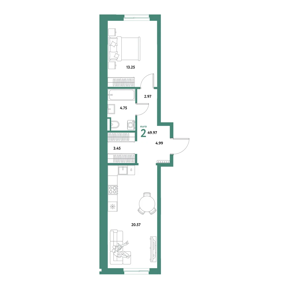 Планировка: Остров-сад 2-комнатная 49,97м²
