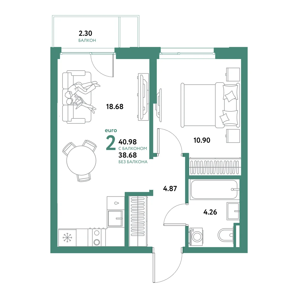 Планировка: Остров-сад 2-комнатная 40,98м²