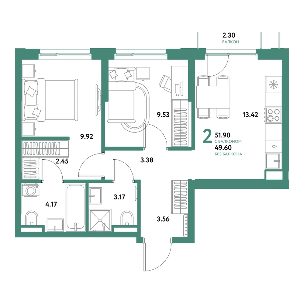 Планировка: Остров-сад 2-комнатная 51,90м²