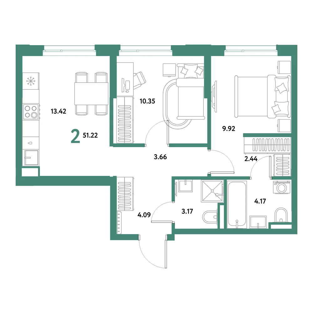 Планировка: Остров-сад 2-комнатная 51,22м²