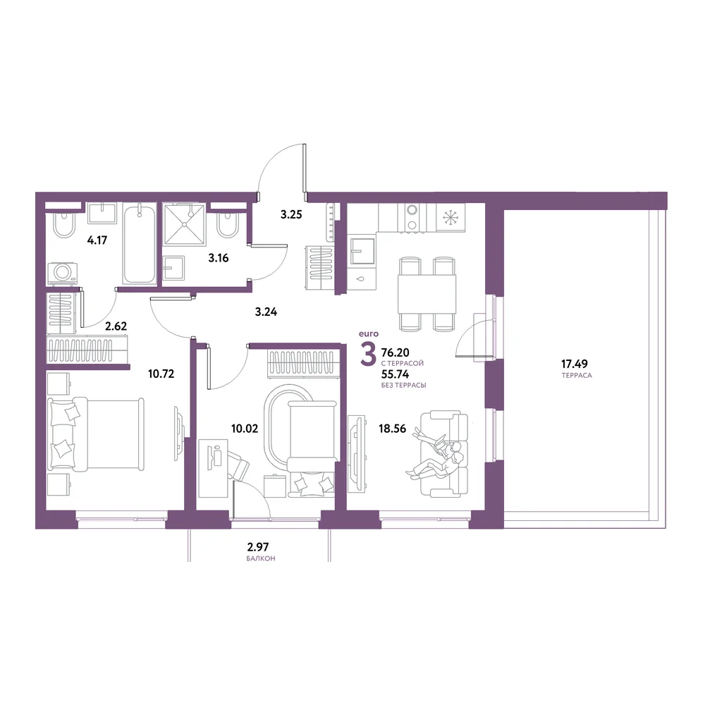 Планировка: Остров-сад 3-комнатная 76,20м²