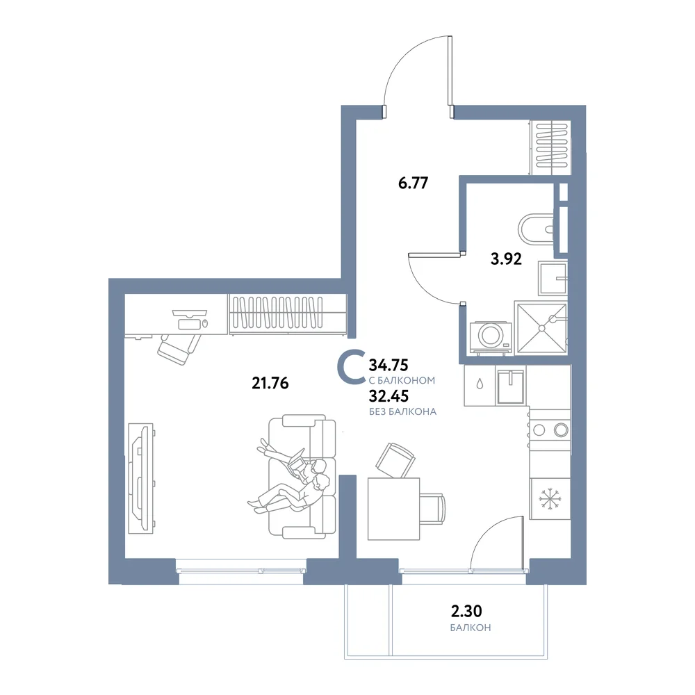 Планировка: Остров-сад Студия 34,75м²