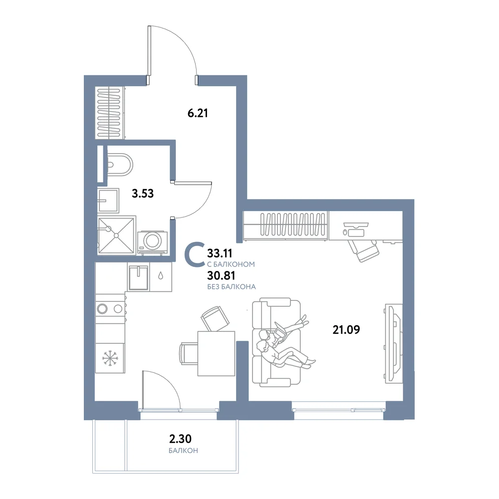 Планировка: Остров-сад Студия 33,11м²