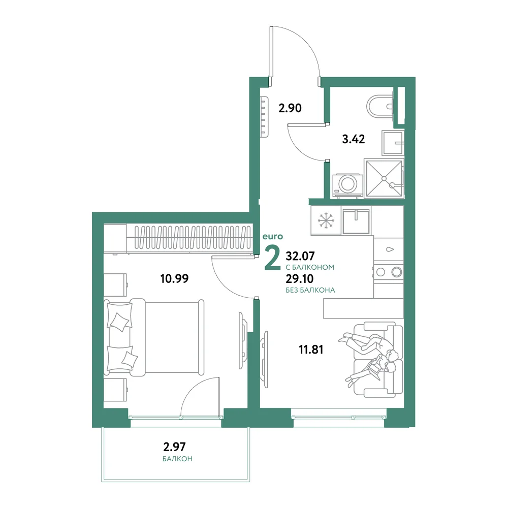 Планировка: Остров-сад 2-комнатная 32,07м²