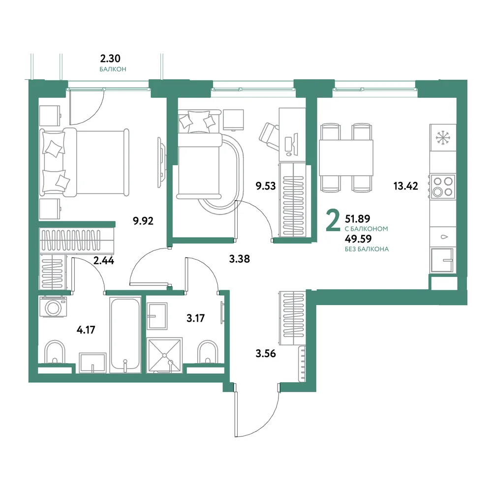 Планировка: Остров-сад 2-комнатная 51,89м²