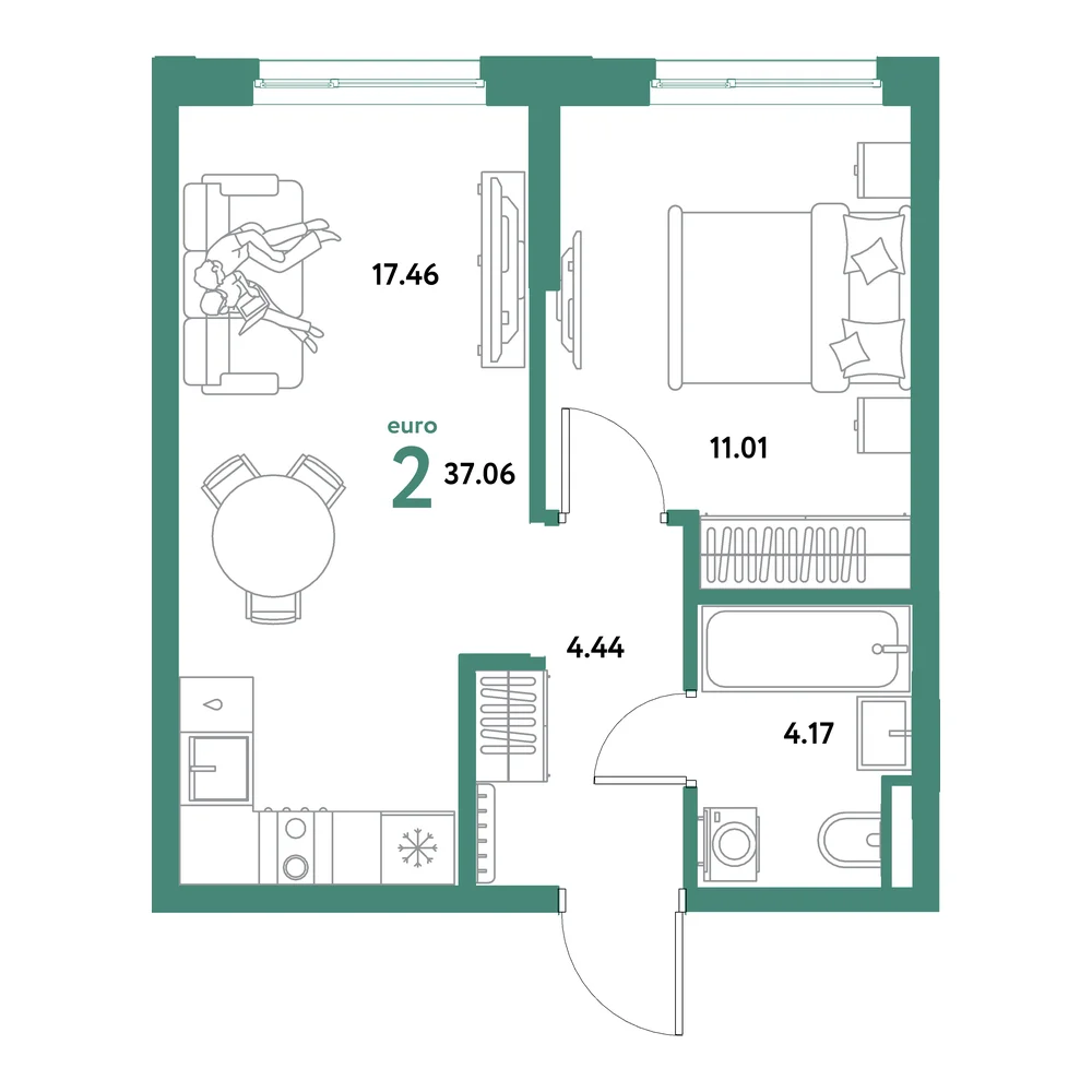 Планировка: Остров-сад 2-комнатная 37,06м²