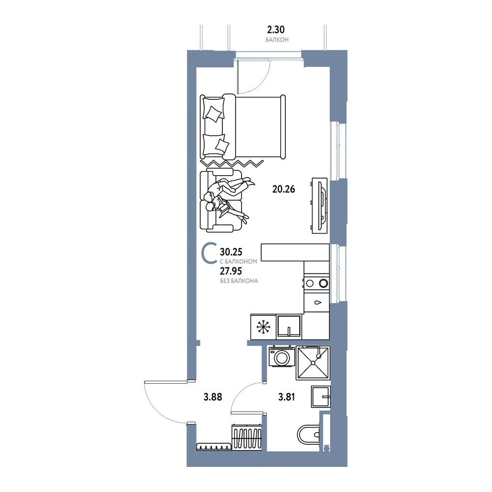 Планировка: Остров-сад Студия 30,25м²