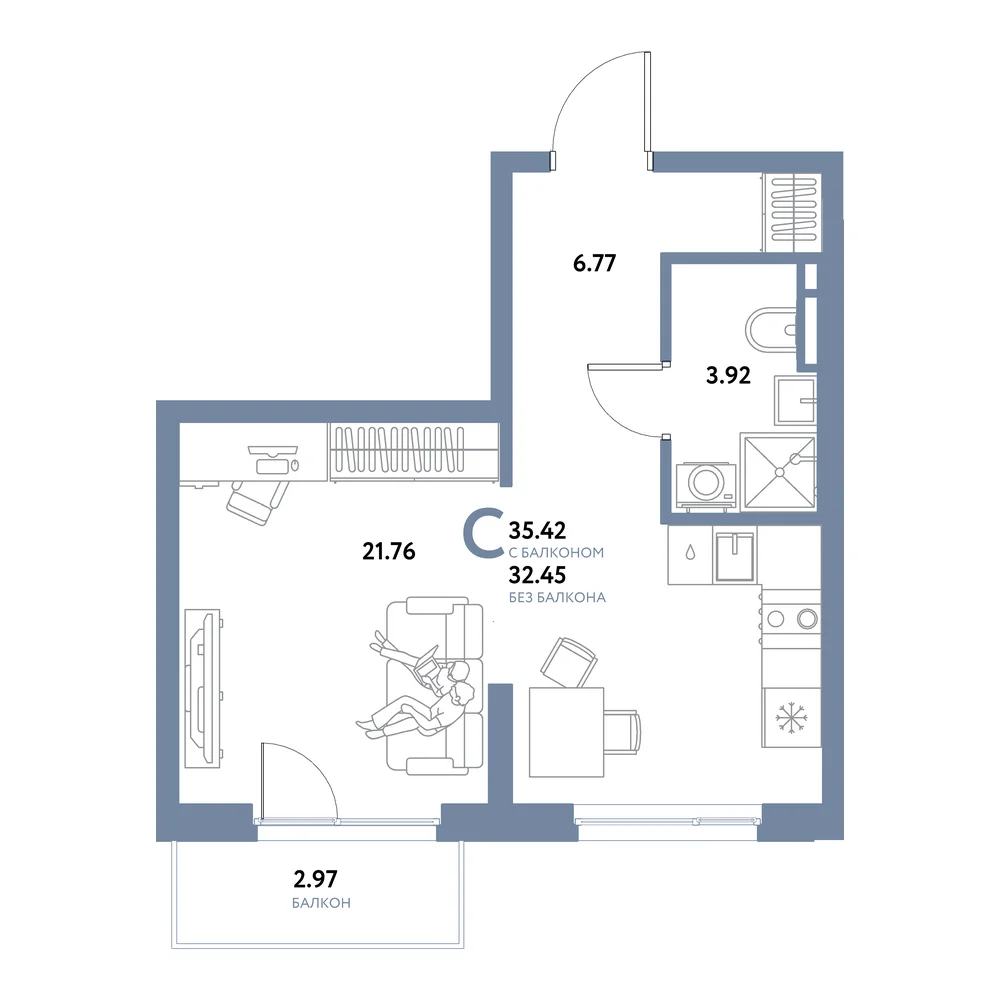 Планировка: Остров-сад Студия 35,42м²
