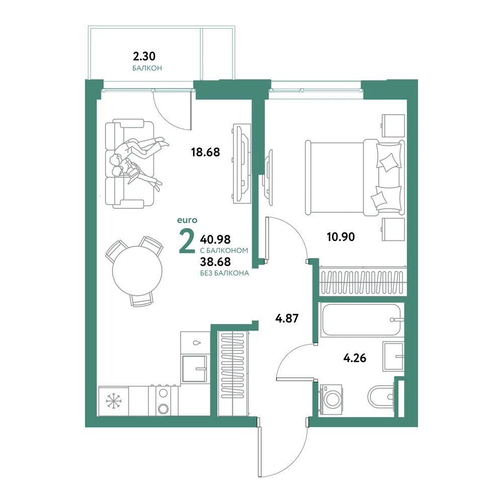 Планировка: Остров-сад 2-комнатная 40,98м²