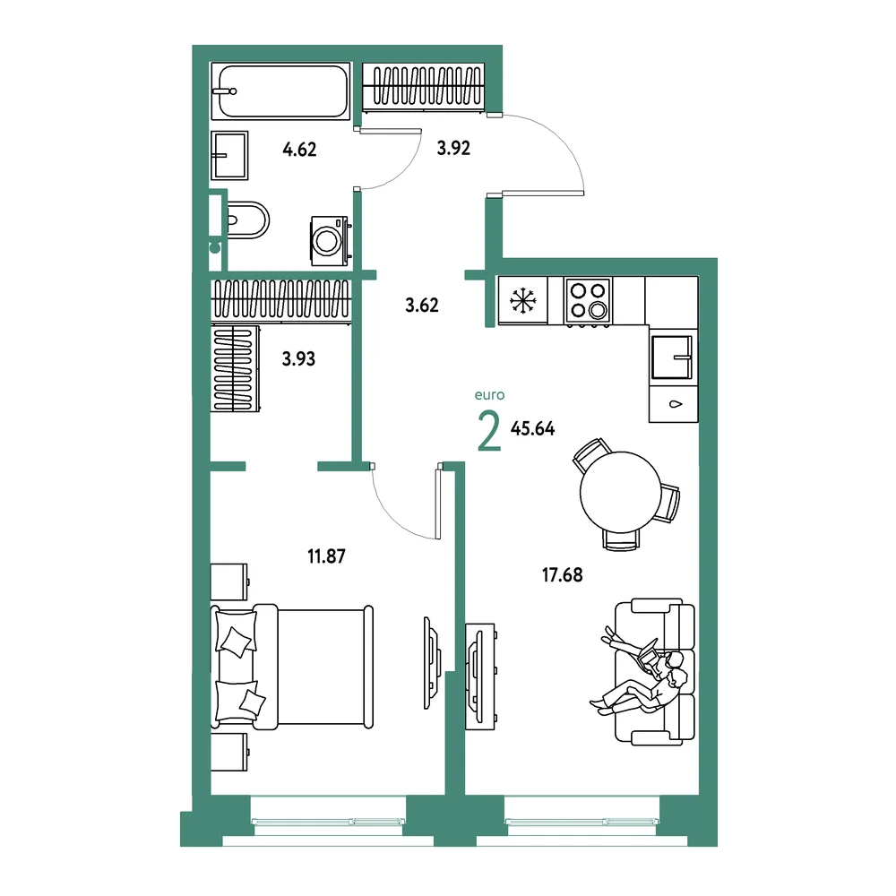 Планировка: Остров-сад 2-комнатная 45,64м²