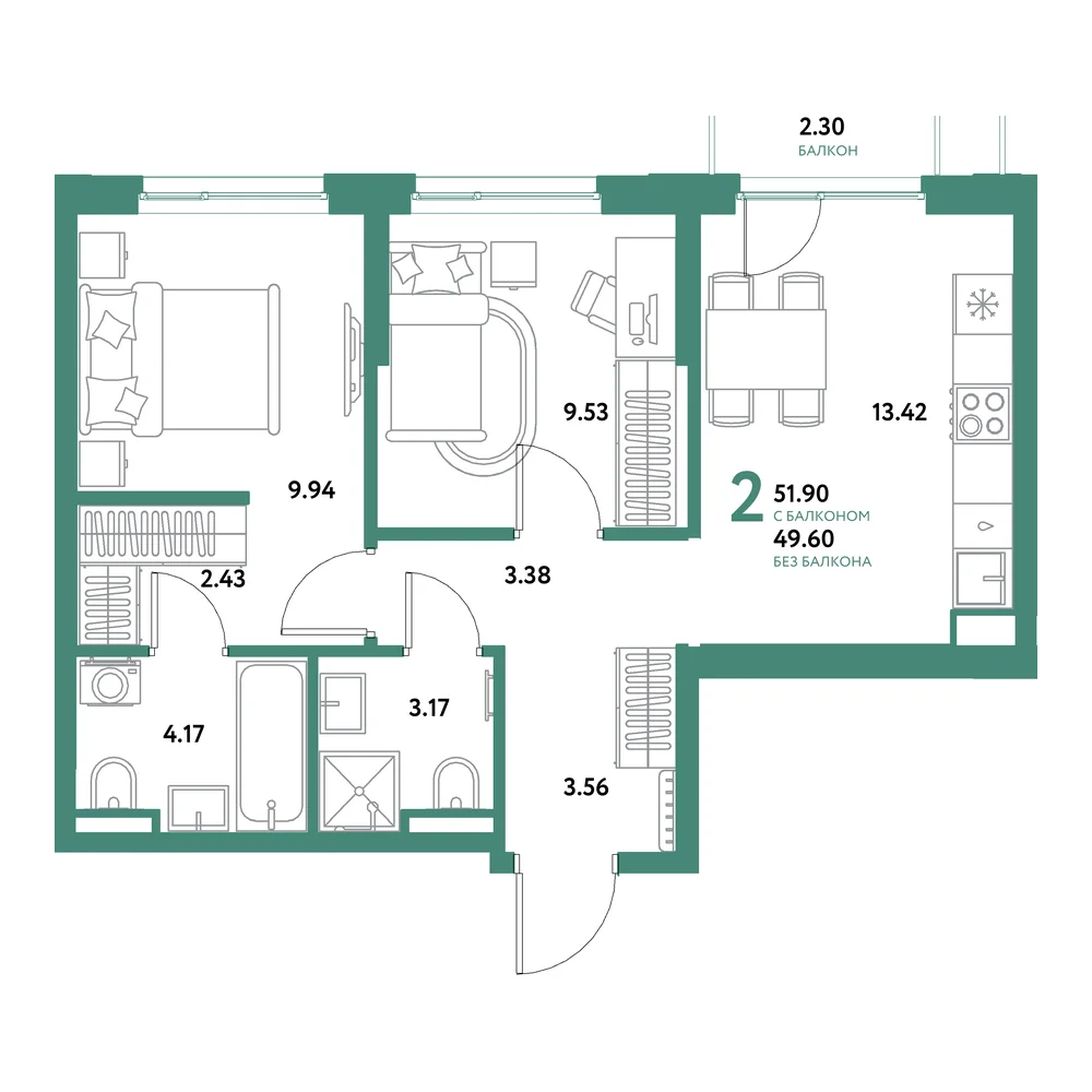 Планировка: Остров-сад 2-комнатная 51,90м²