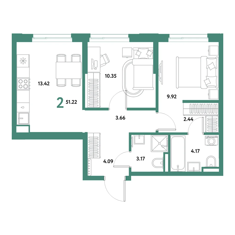Планировка: Остров-сад 2-комнатная 51,22м²