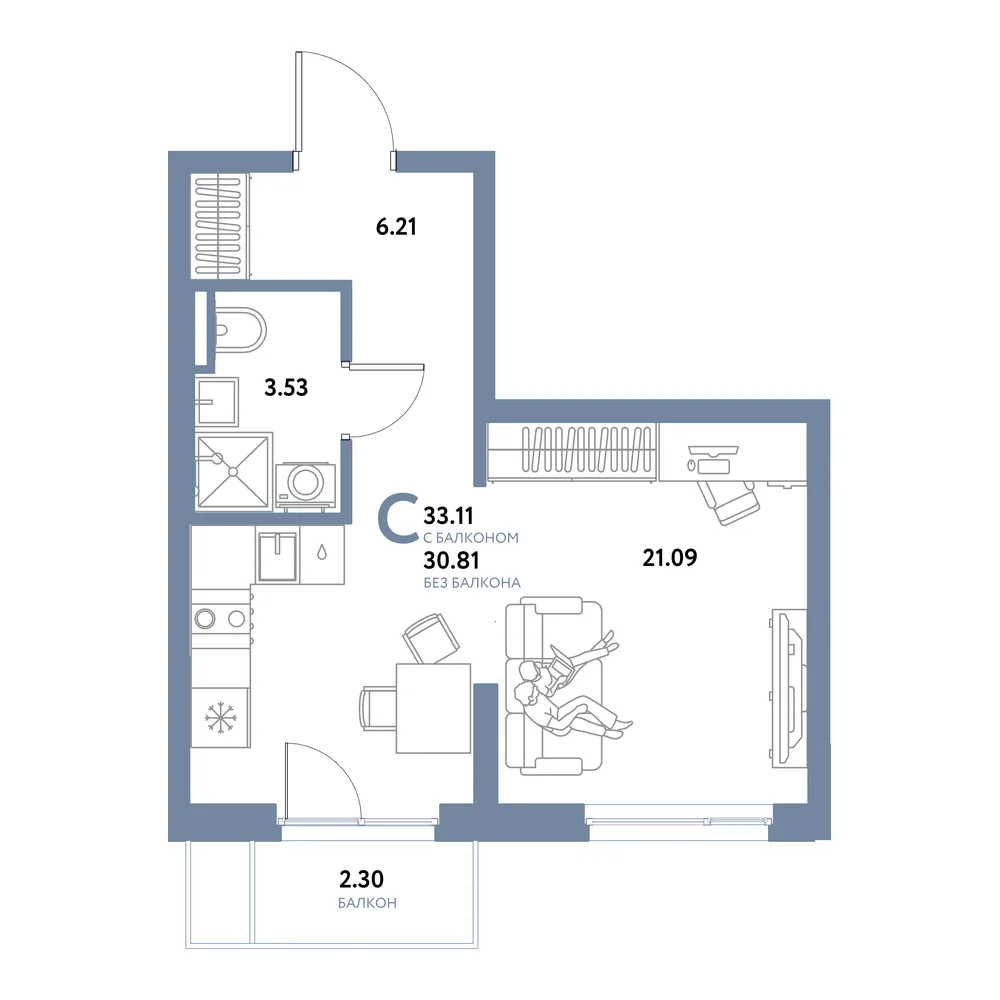 Планировка: Остров-сад Студия 33,11м²