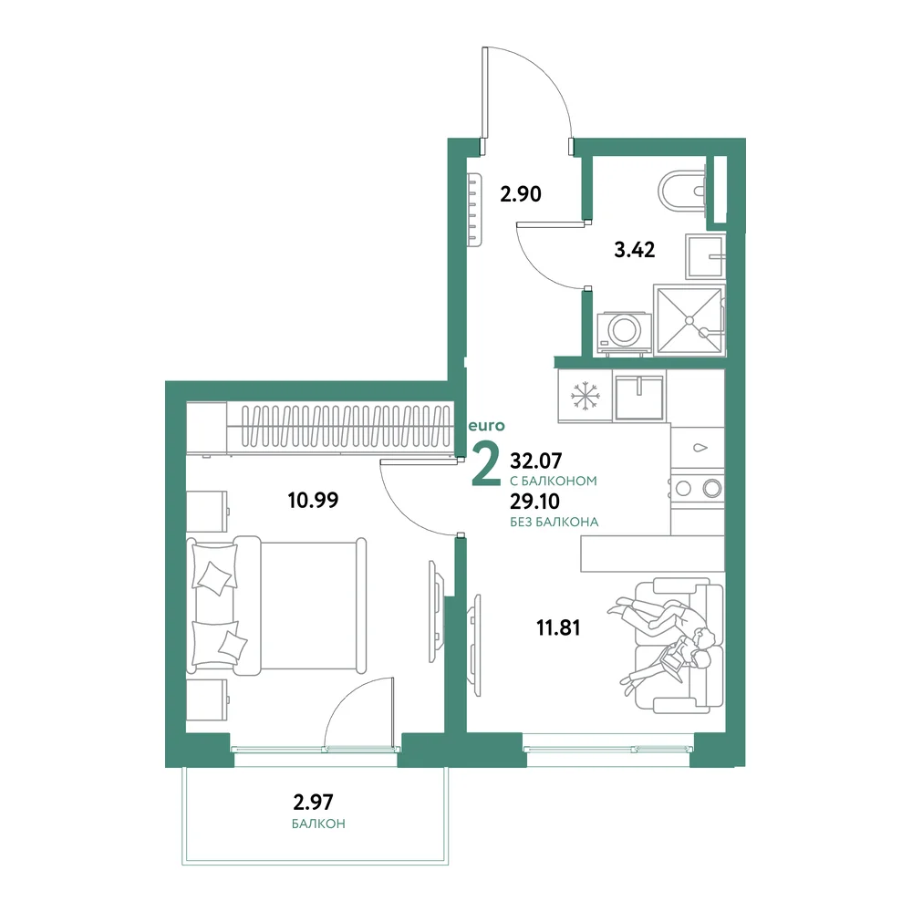 Планировка: Остров-сад 2-комнатная 32,07м²