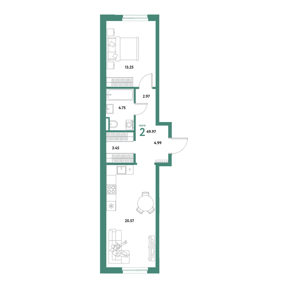Планировка: Остров-сад 2-комнатная 49,97м²