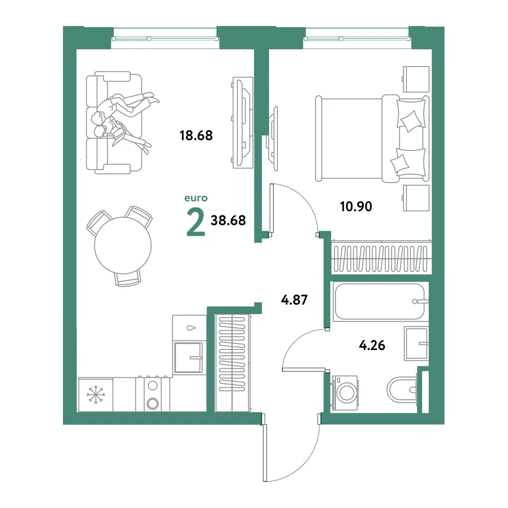 Планировка: Остров-сад 2-комнатная 38,68м²