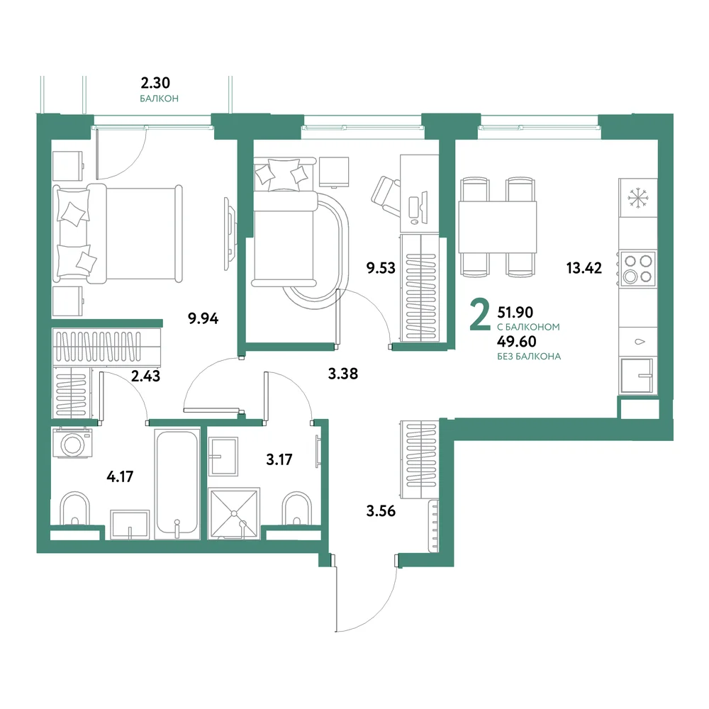 Планировка: Остров-сад 2-комнатная 51,90м²