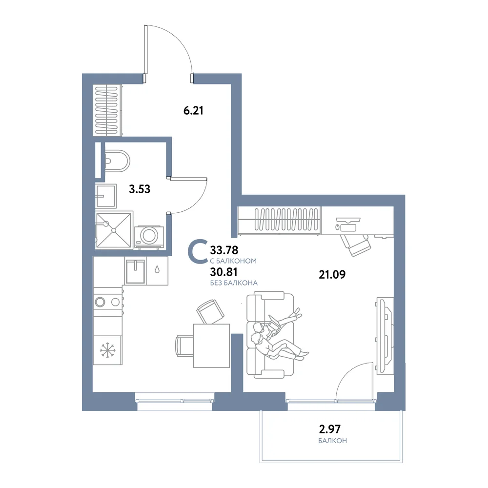 Планировка: Остров-сад Студия 33,78м²