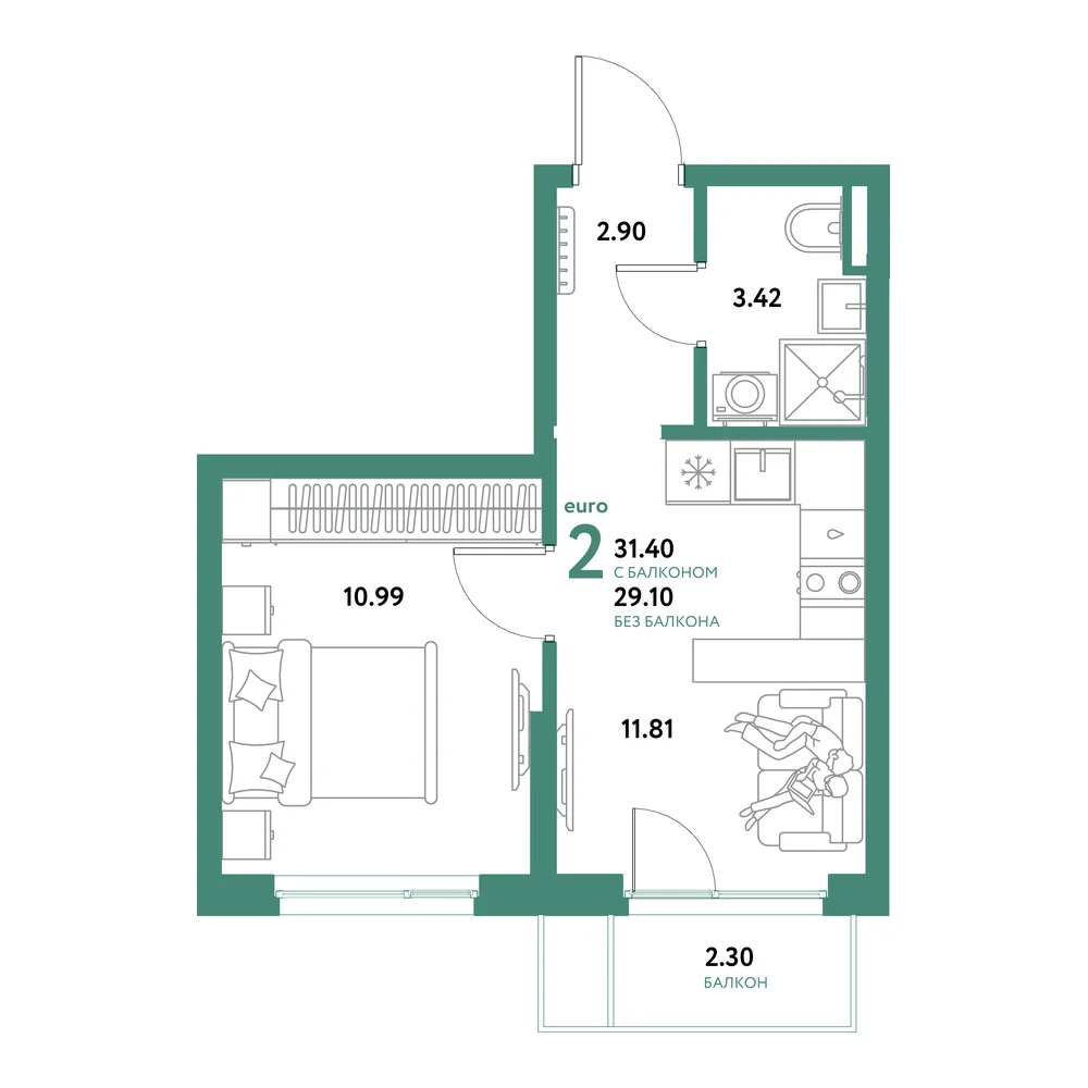 Планировка: Остров-сад 2-комнатная 31,40м²