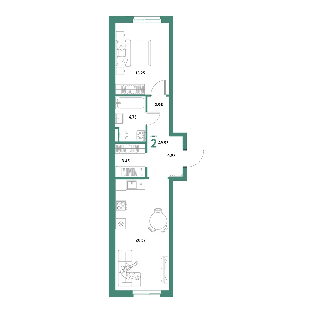 Планировка: Остров-сад 2-комнатная 49,95м²