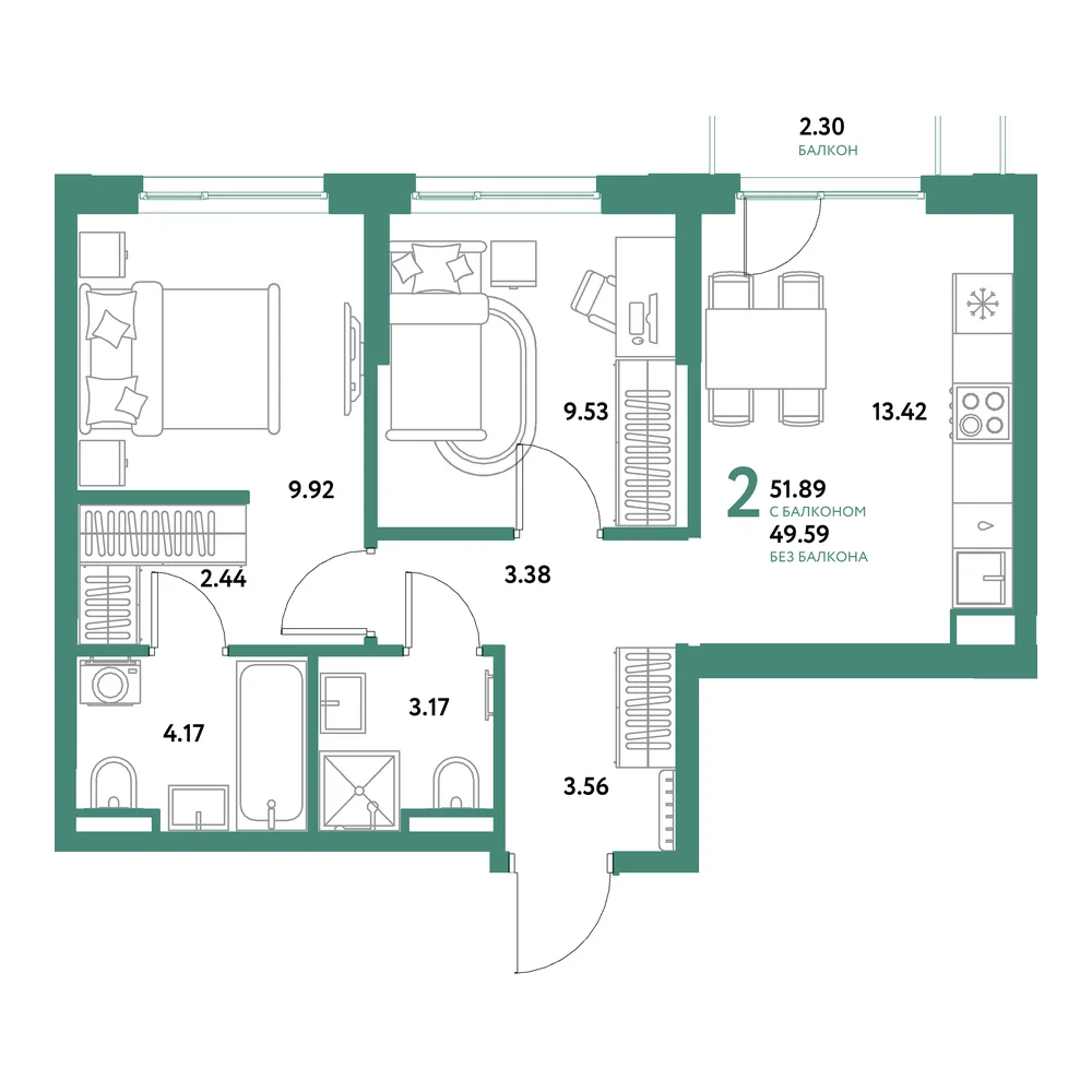 Планировка: Остров-сад 2-комнатная 51,89м²