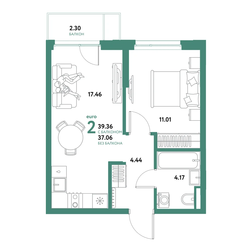 Планировка: Остров-сад 2-комнатная 39,36м²
