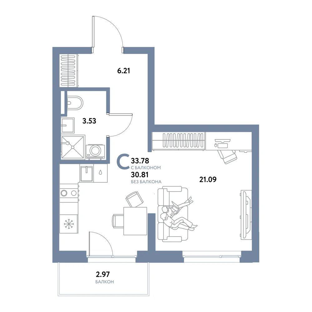 Планировка: Остров-сад Студия 33,78м²