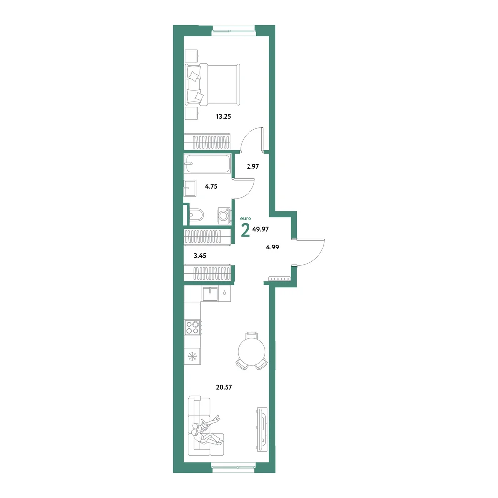 Планировка: Остров-сад 2-комнатная 49,97м²