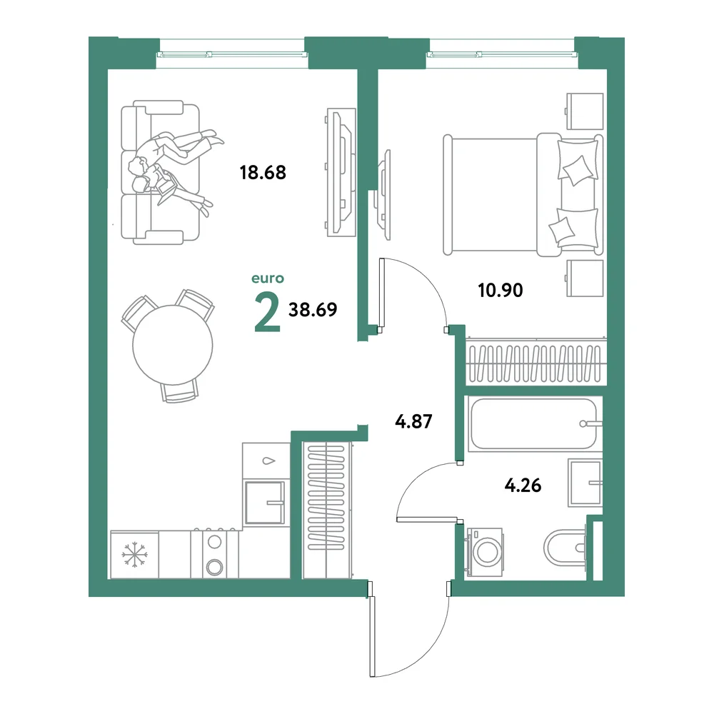 Планировка: Остров-сад 2-комнатная 38,69м²