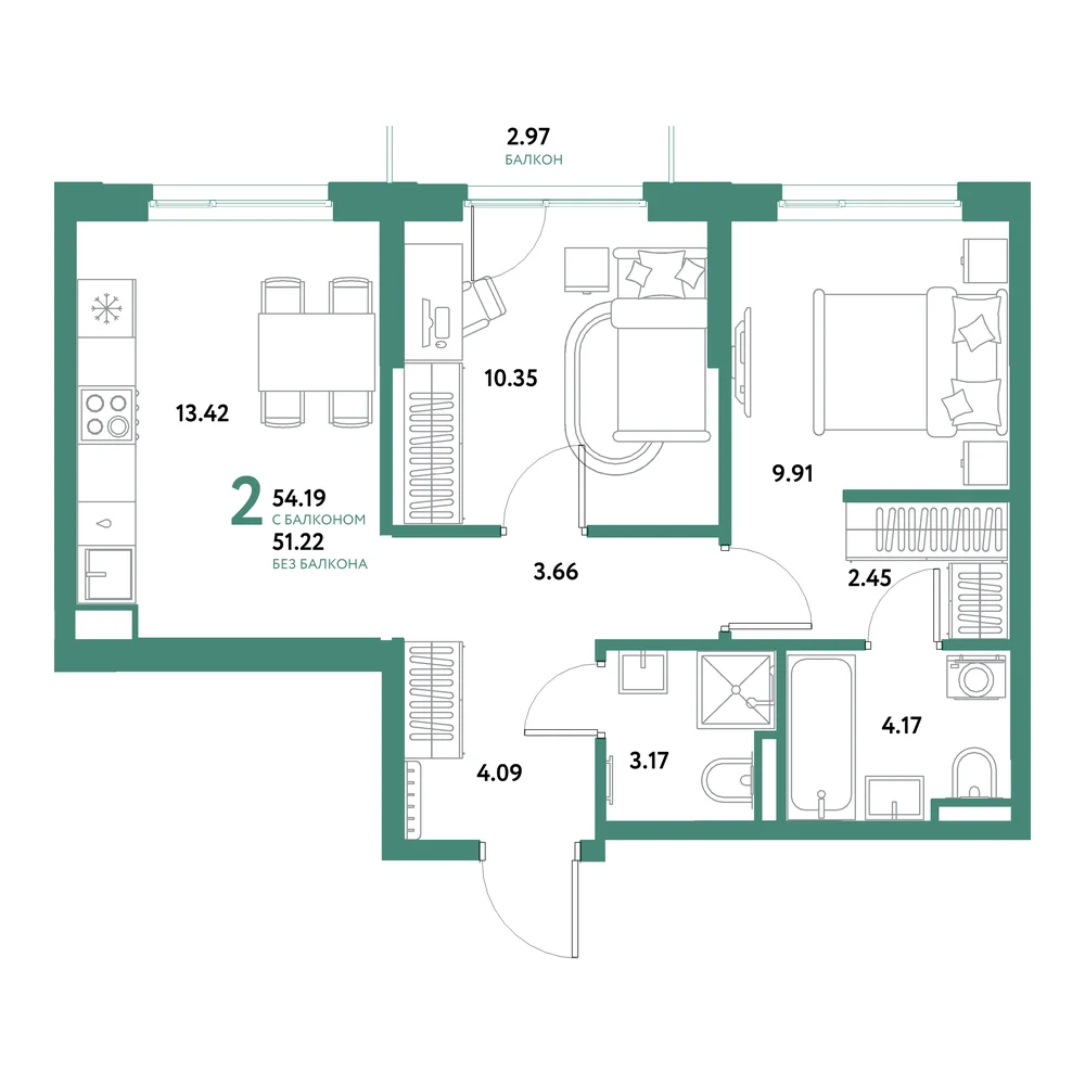 Планировка: Остров-сад 2-комнатная 54,19м²