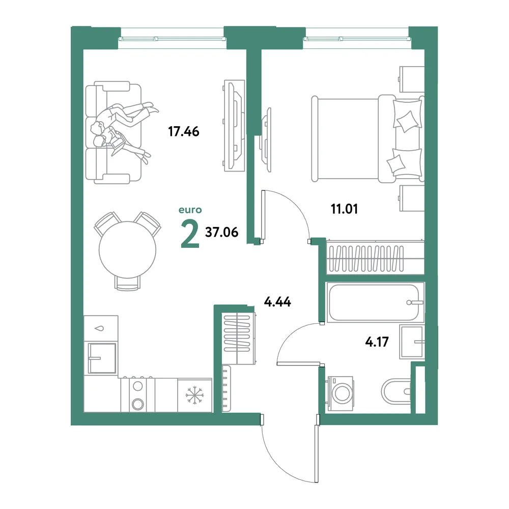 Планировка: Остров-сад 2-комнатная 37,06м²