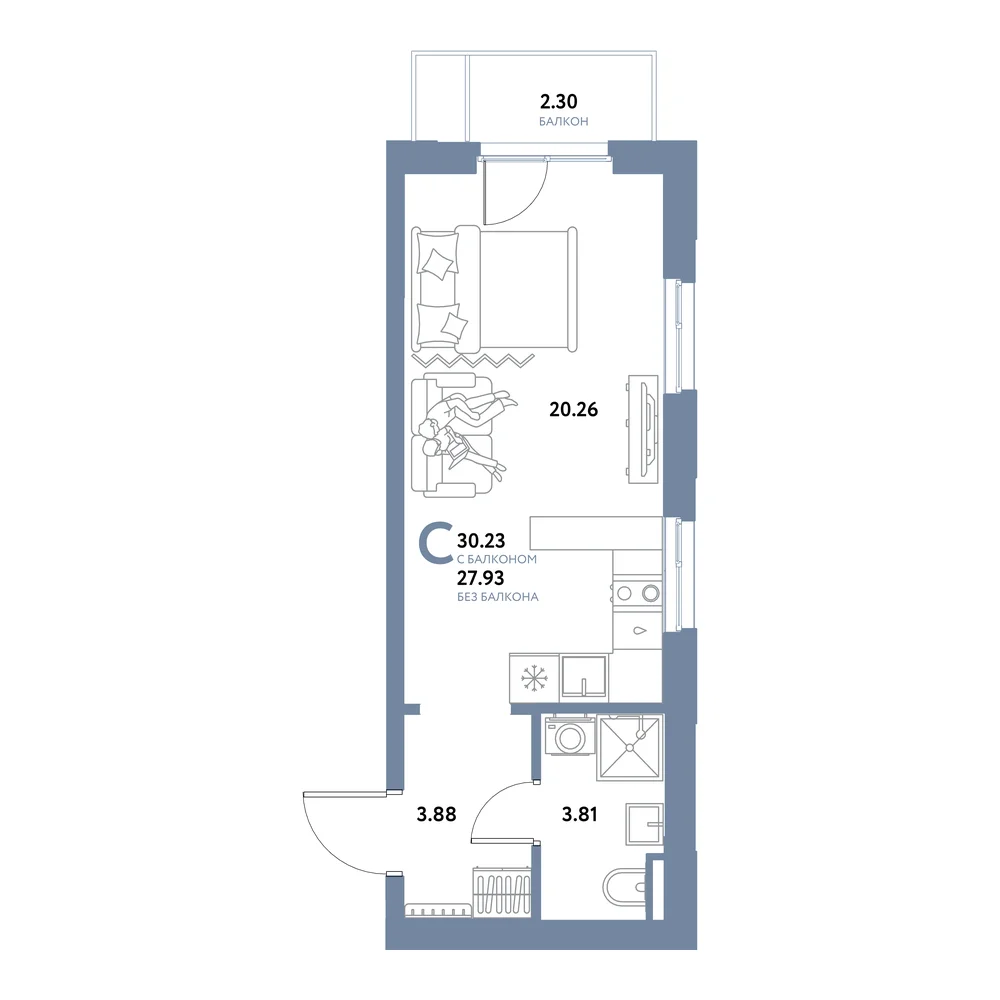 Планировка: Остров-сад Студия 30,23м²
