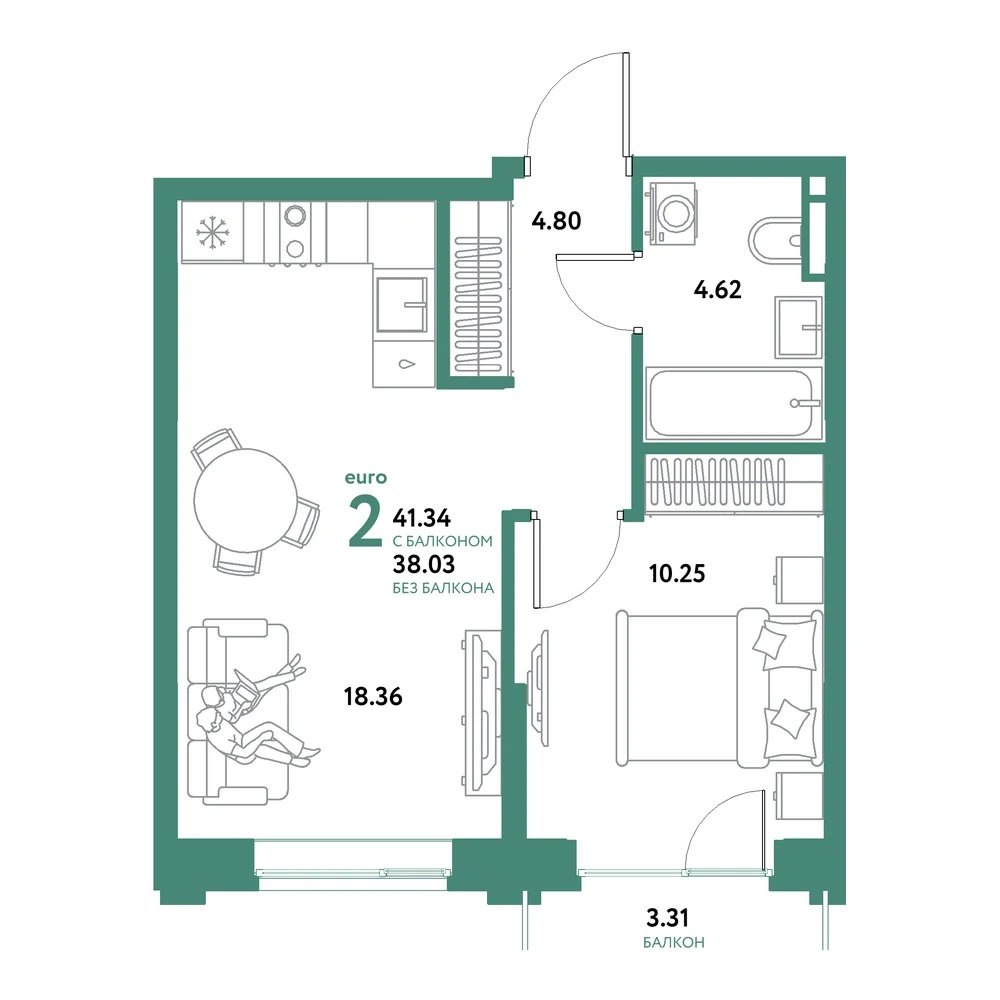 Планировка: Остров-сад 2-комнатная 41,34м²