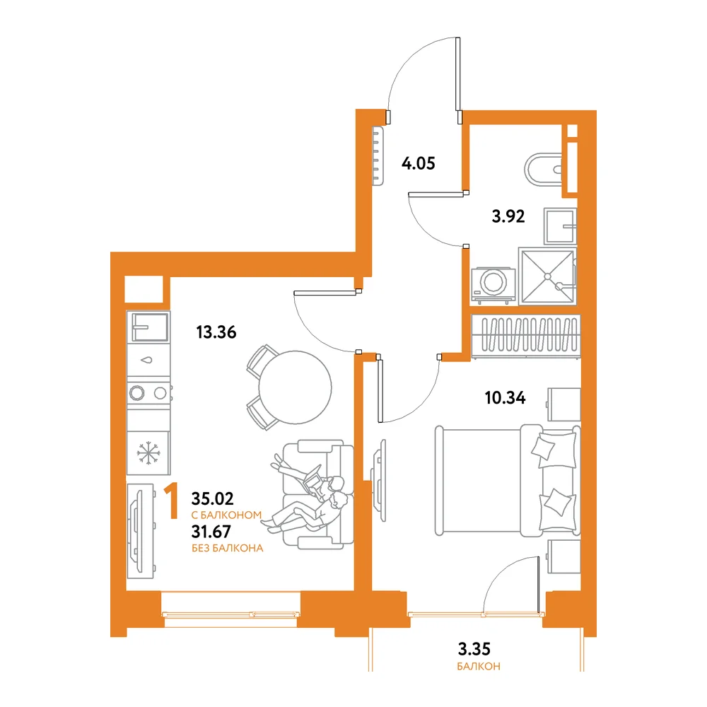Планировка: Остров-сад 1-комнатная 35,02м²