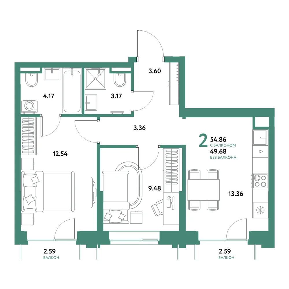 Планировка: Остров-сад 2-комнатная 54,86м²