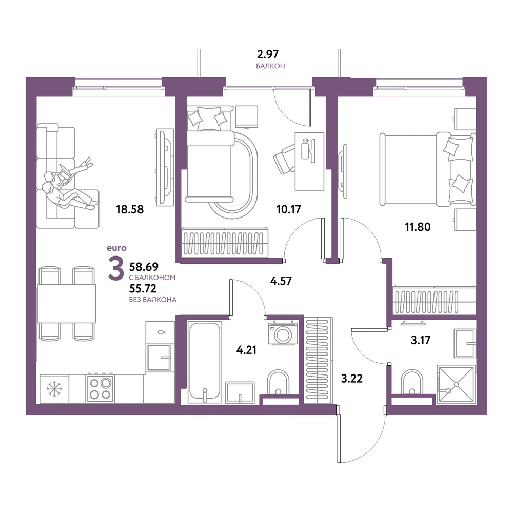 Планировка: Остров-сад 3-комнатная 58,69м²
